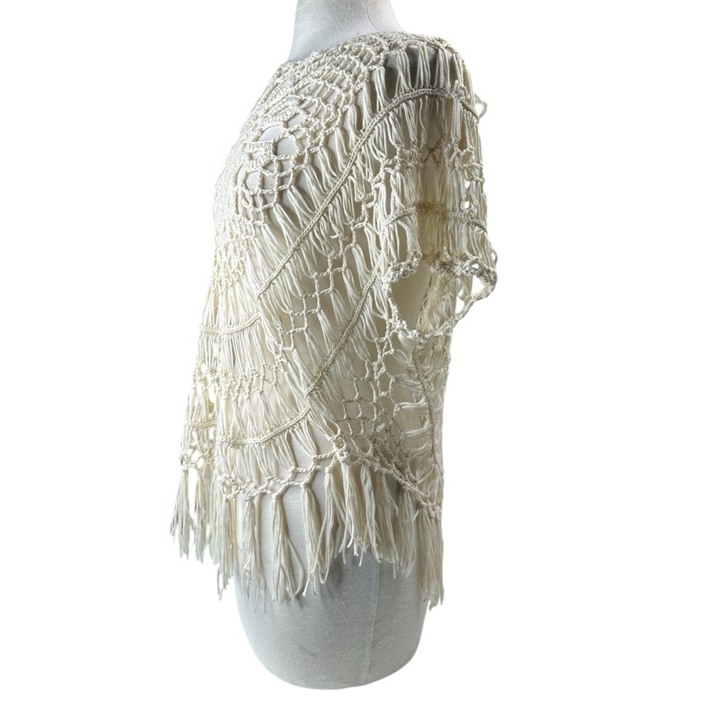 Forever21 Crochet Top Beach Cover Up Cream Fringe Poncho Crochet Shirt Summer - Picture 3 of 13